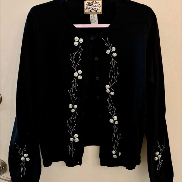 Vintage Hand Knitted Floral Cardigan Embroidered Wool Jacket Grey Boho Folk Sweater